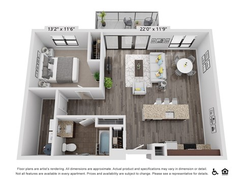 Floor plan for 1 bed, 1 bath, 880 sqft